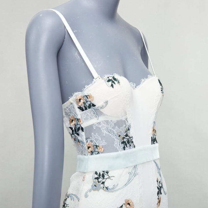 LA PERLA Hampton Court cream mint green silk floral lace mini dress IT38B XS