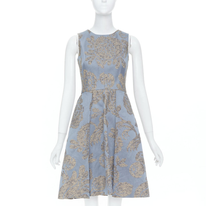 OSCAR DE LA RENTA F07 grey gold floral cotton flax jacquard dress US2 S