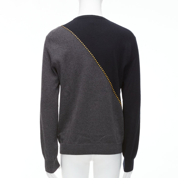 BERLUTI grey black yellow lambskin leather stitch wool cashmere split sweater M