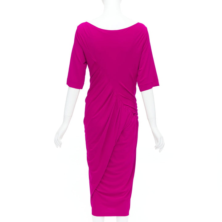 DONNA KARAN berry pink asymmetric neck tuck draped midi dress L