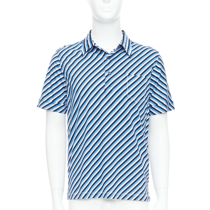 PRADA 2014 blue white black cotton diagonal striped polo shirt L