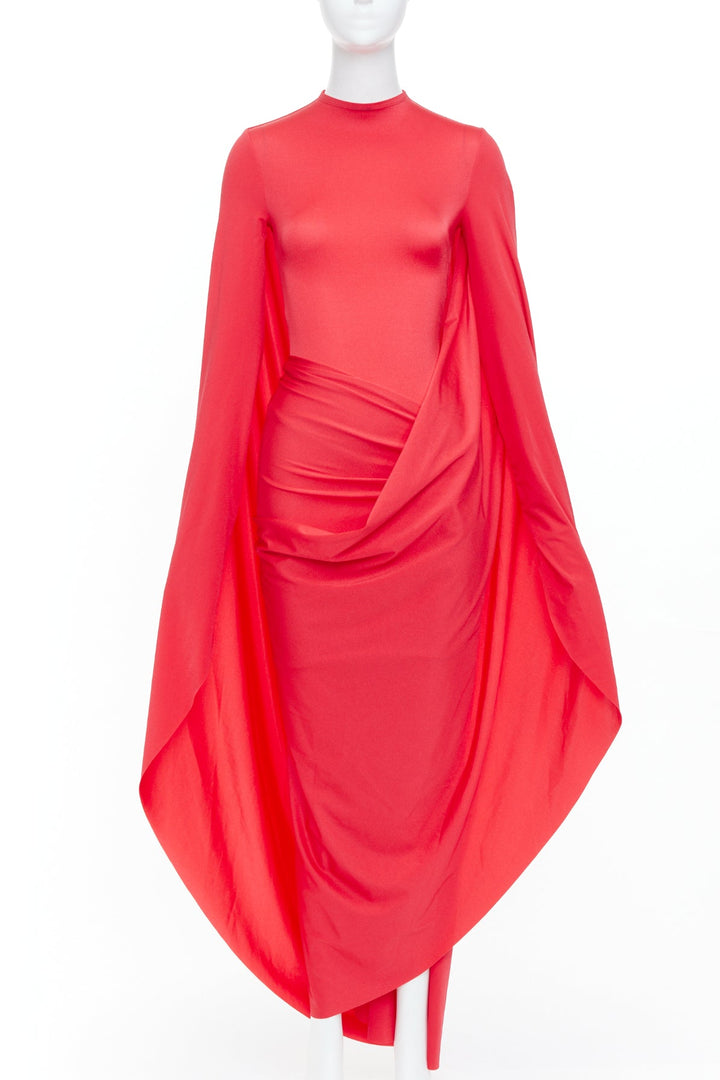 BALENCIAGA 2022 Runway red draped bodycon dramatic cape back dress FR36 S