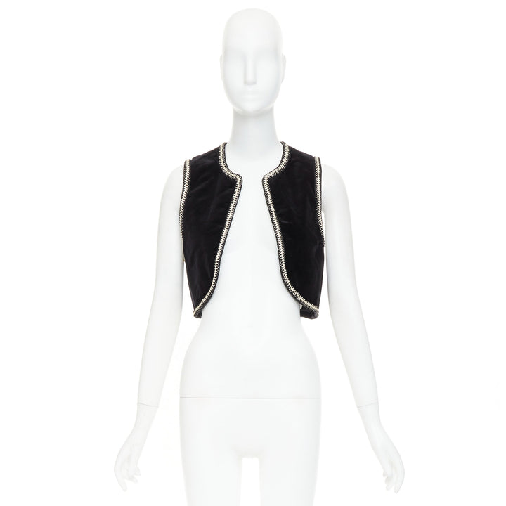 CELINE black cotton velvet gold braided weave trim cropped gilet vest FR38 M