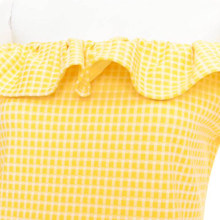 MIU MIU 2019 yellow white gingham check ruffle off shoulder mini dress M