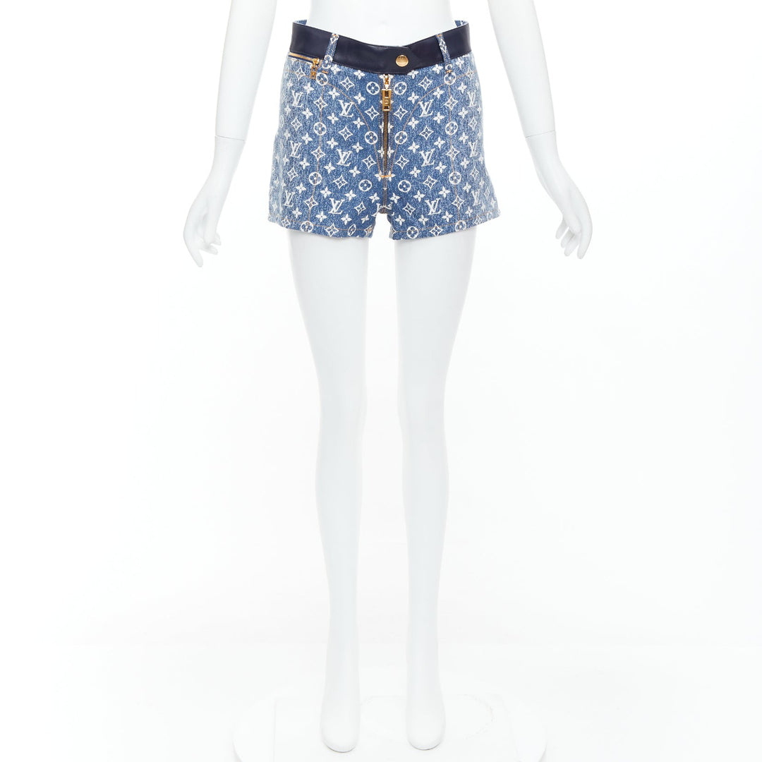 LOUIS VUITTON blue monogram jacquard denim  leather trim zip shorts FR34 XS