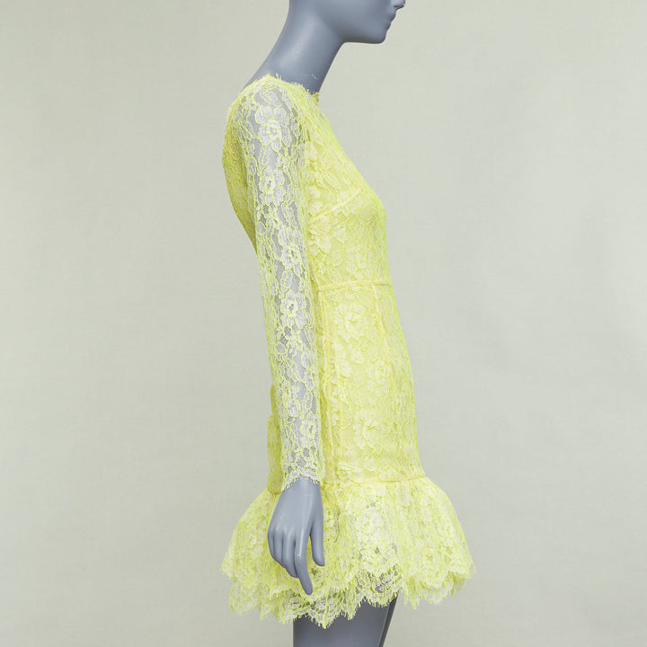 VALENTINO neon yellow cream lace silk lined tulle trim mini dress