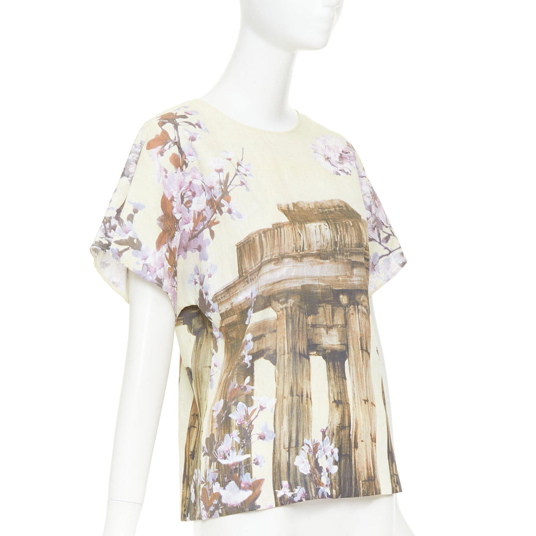 DOLCE GABBANA 100% silk cream purple Rome Ruins floral print boxy top IT38 XS