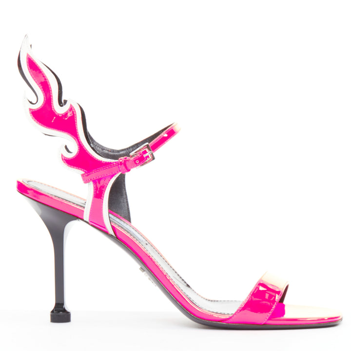 PRADA 2018 Flame fluo neon hot pink white patent Fire mid heel sandal EU37