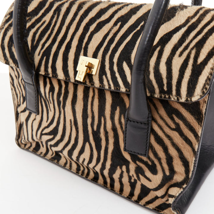 LAMBERTSON TRUEX 2004 zebra print calf hair black leather flap top handle bag