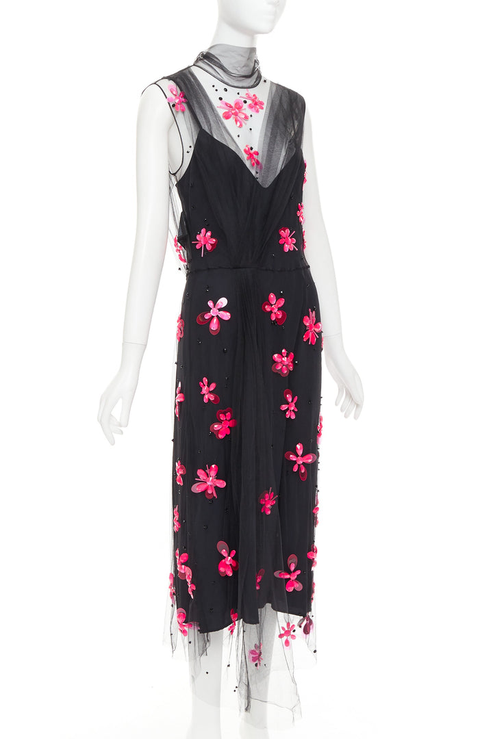 PRADA 2018 Runway neon pink floral bead black tulle sheer midi dress IT40 S