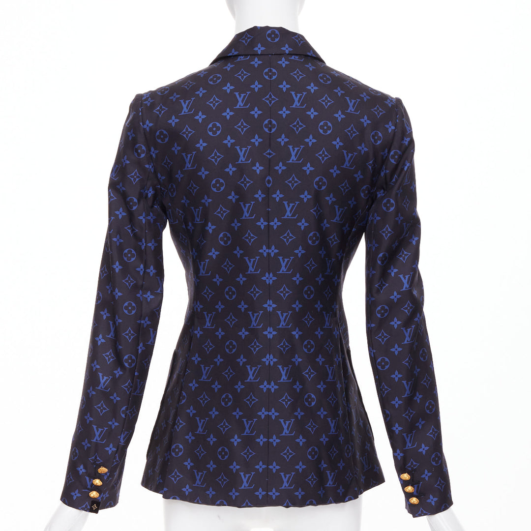 LOUIS VUITTON navy blue lightweight silk LV monogram gold button blazer FR34 XS
