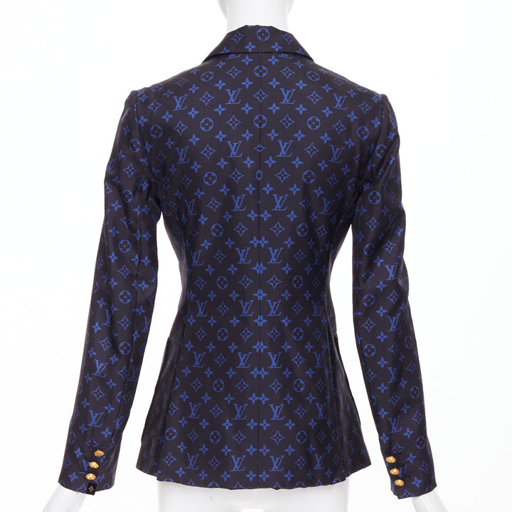 LOUIS VUITTON navy blue lightweight silk LV monogram gold button blazer FR34 XS