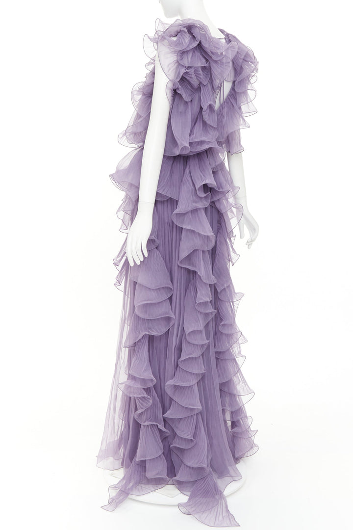 ALBERTA FERRETTI Vintage purple sheer silk tier ruffle evening gown dress IT40 S