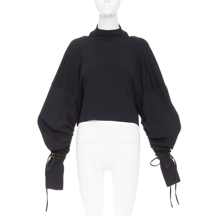 SOLACE LONDON Samara black viscose blend ruched sleeves cropped pullover UK8 S