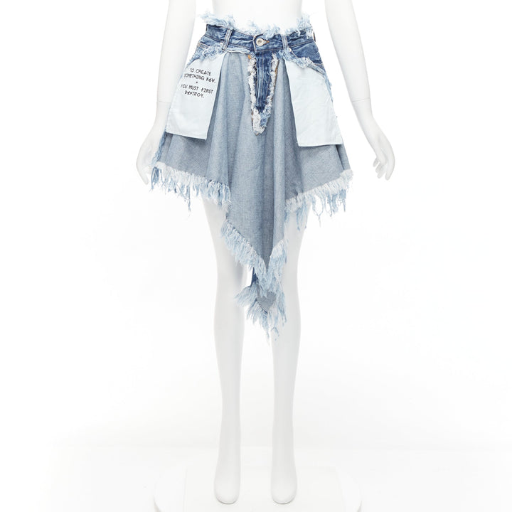 UNRAVEL PROJECT Chaos blue inside out distressed printed denim skirt 24"