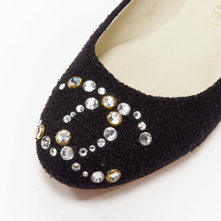 CHANEL black tweed crystal CC embellished logo round toe flat shoes EU35