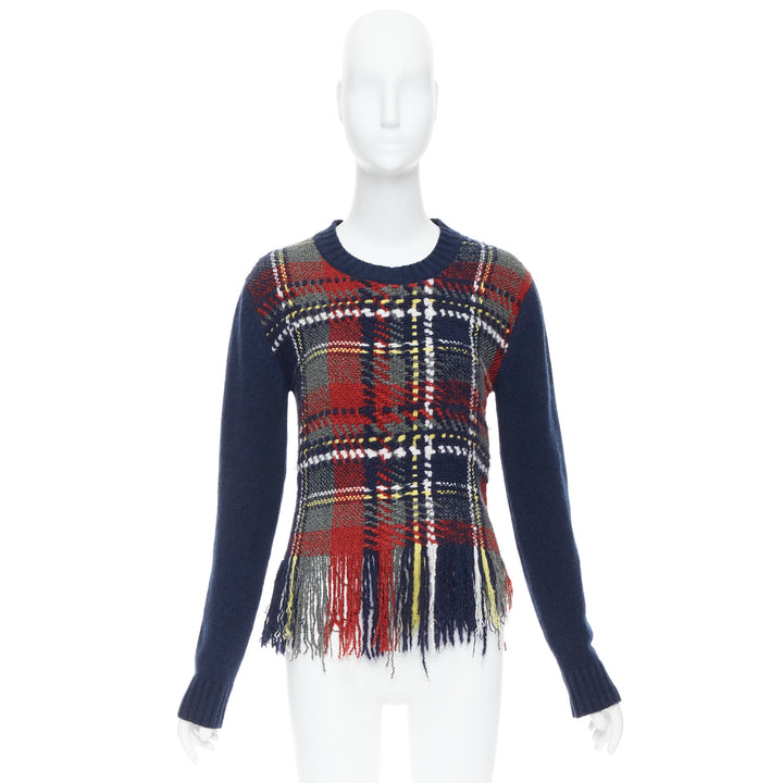 DIOR navy red plaid tartan cashmere silk fringe hem sweater FR36 S