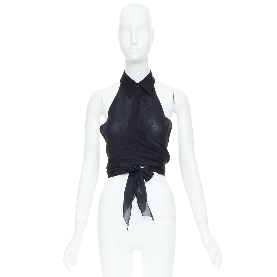 EMPORIO ARMANI black sheer silk chiffon halter wrap self tie top IT38 XS