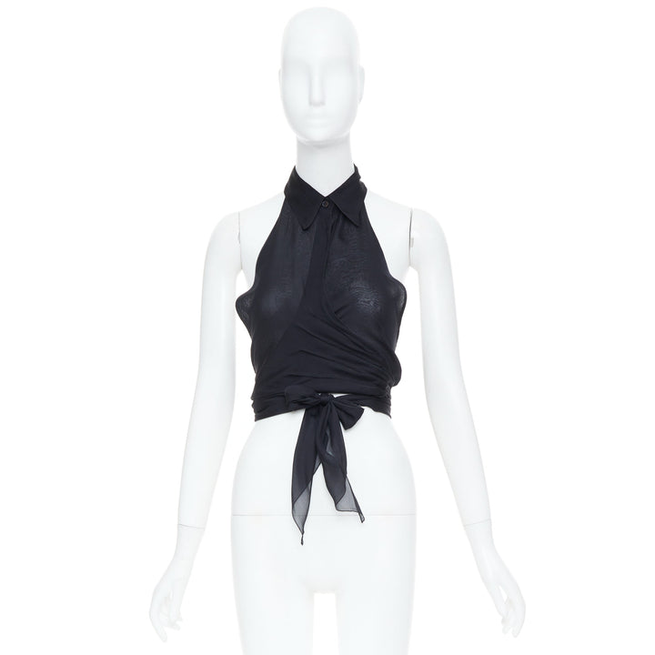 EMPORIO ARMANI black sheer silk chiffon halter wrap self tie top IT38 XS