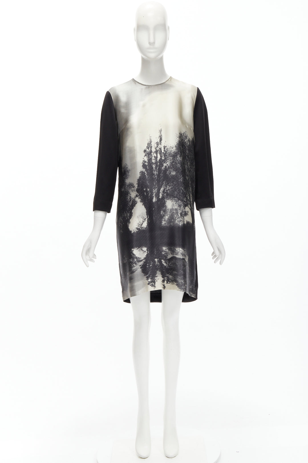 STELLA MCCARTNEY 100% silk black grey tree photo print crew neck dress