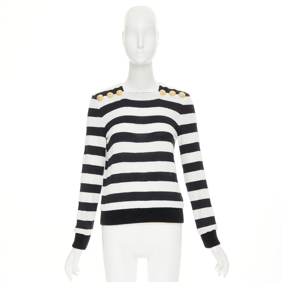 BALMAIN black off white stripes gold lion buttons square neck pullover FR36 S