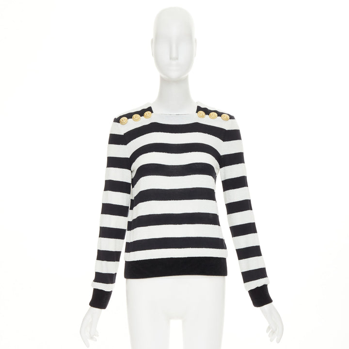 BALMAIN black off white stripes gold lion buttons square neck pullover FR36 S