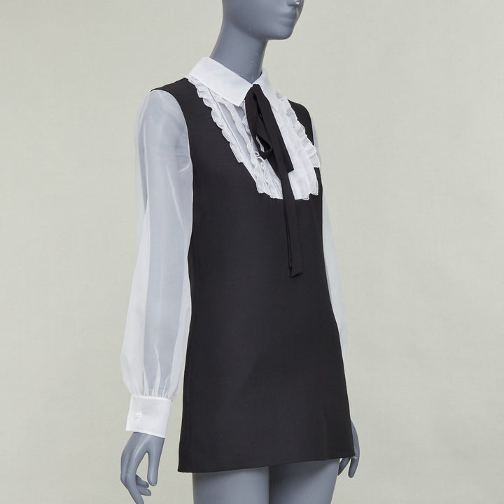 VALENTINO 2022 Crepe Couture black white wool silk ruffle bib neck dress IT38 XS