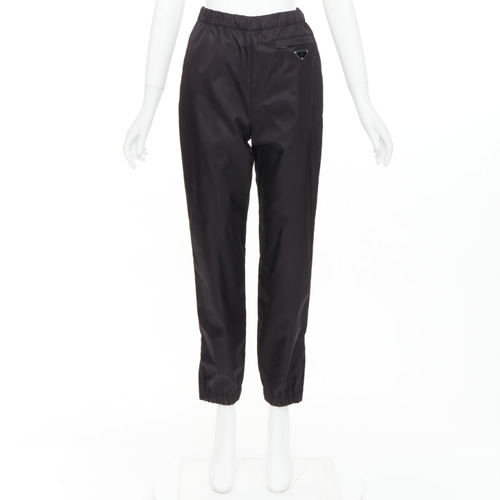 PRADA black silver logo leather plague nylon high waist tapered jogger pants