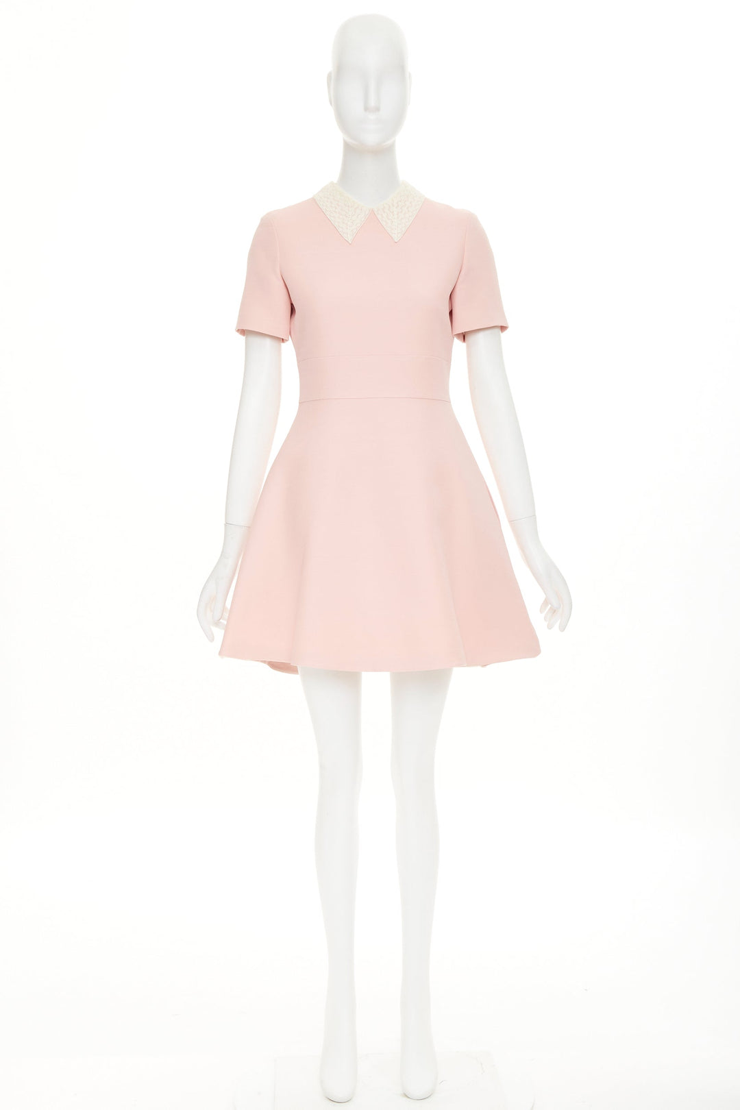 CHRISTIAN DIOR cream lace collar blush pink wool silk fit flare dress FR38 M