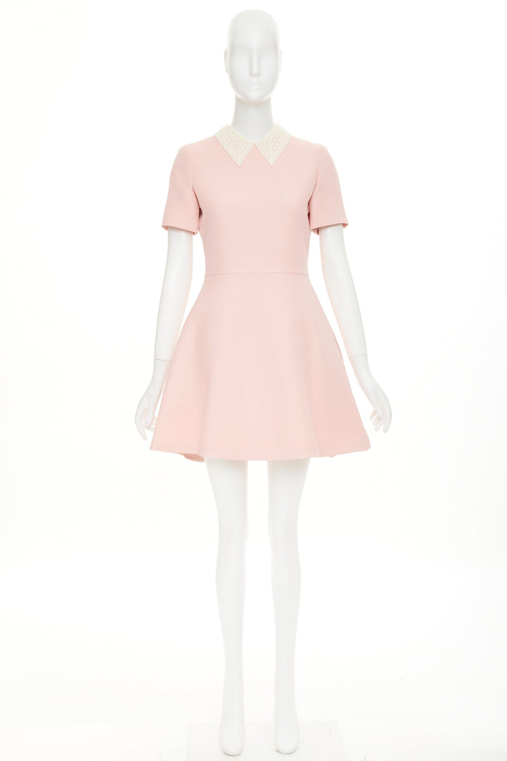 CHRISTIAN DIOR cream lace collar blush pink wool silk fit flare dress FR38 M