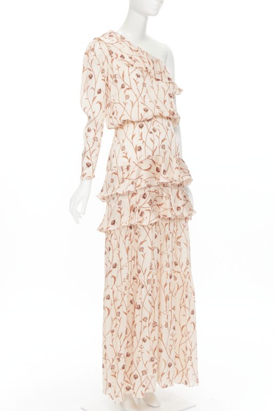 Female mannequin wearing Johanna Ortiz Beige Polyester Women Maxi Dress in Size US2 | Available at JHROP