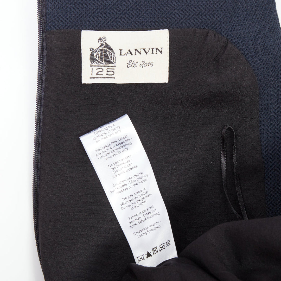 LANVIN 2015 navy cotton rhinestone embellished ribbon shift dress FR36 S