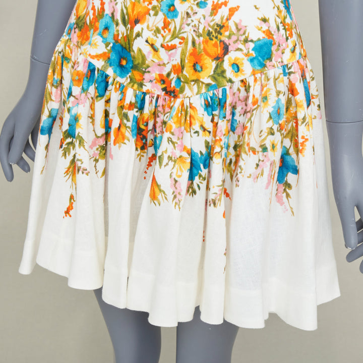 ZIMMERMANN Estelle white linen multicolor floral print belted mini dress Sz.1 XS