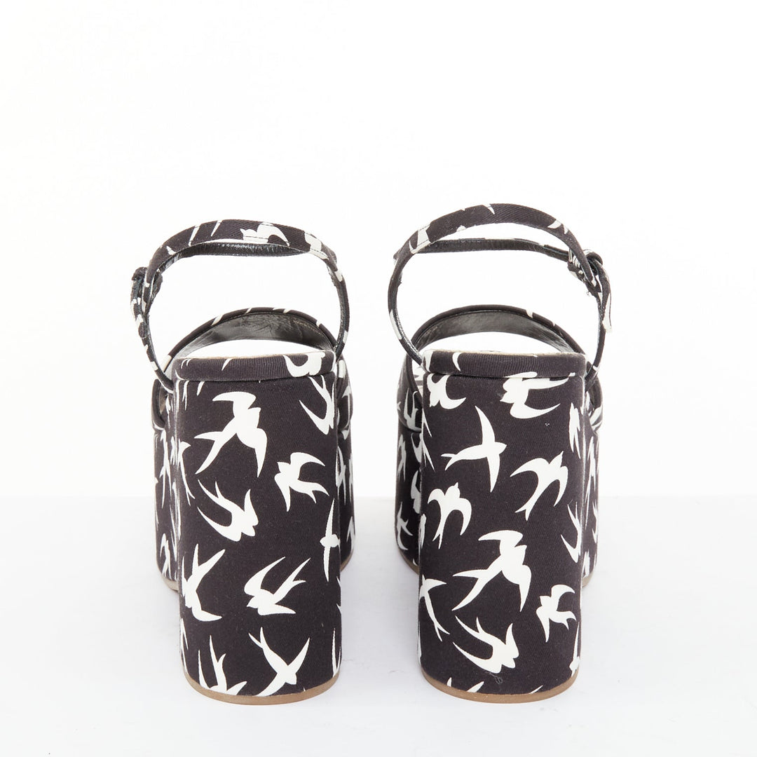 MIU MIU 2010 Runway swallow print navy canvas open toe platform wedge EU39