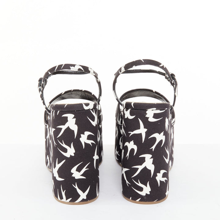 MIU MIU 2010 Runway swallow print navy canvas open toe platform wedge EU39