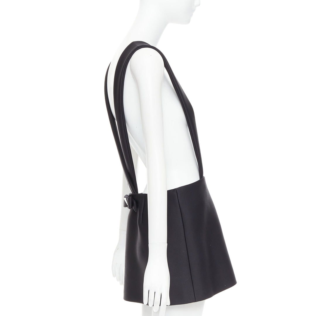 PRADA 2023 black virgin wool blend logo bow back suspender mini skirt IT40 S