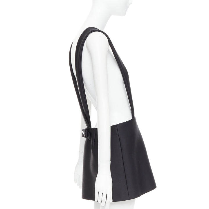 PRADA 2023 black virgin wool blend logo bow back suspender mini skirt IT40 S