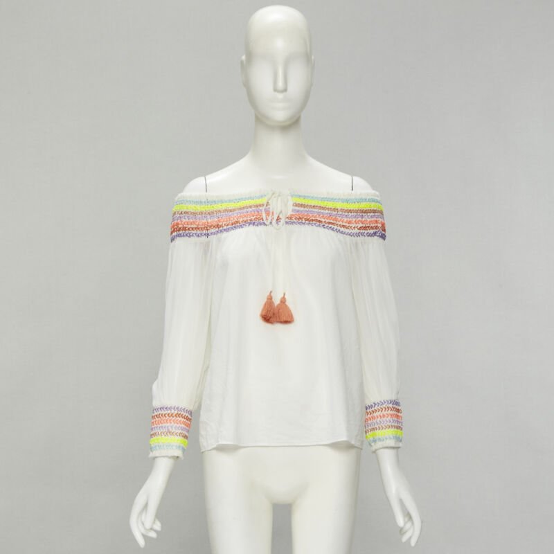 ALICE OLIVIA white cotton neon braid embroidery off shoulder top S