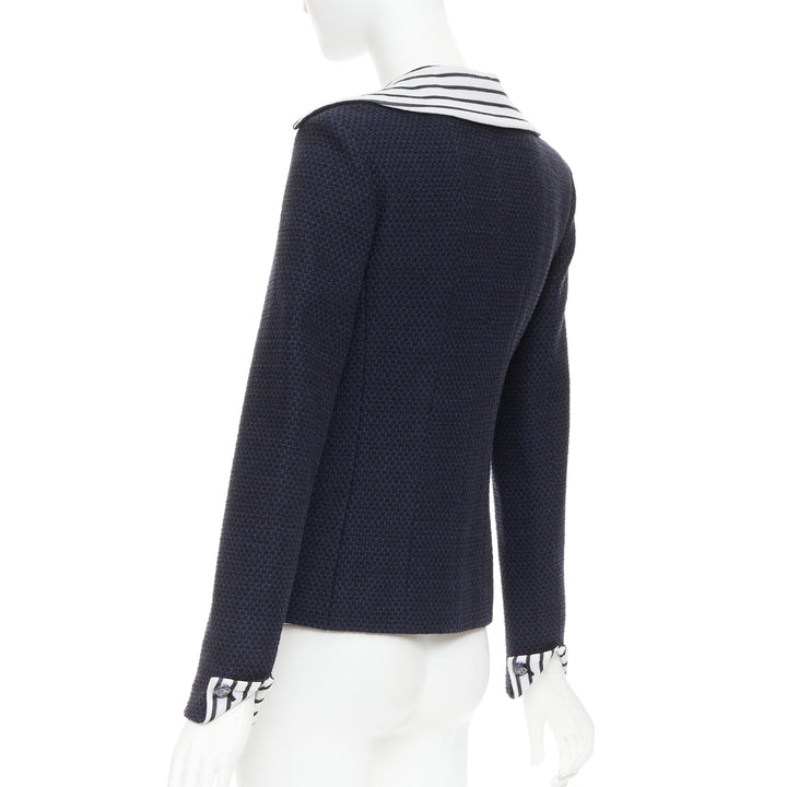 CHANEL 2017 navy white black nautical striped collar woven jacket FR34 XS
