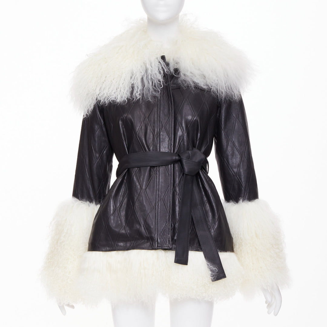 SKIIM PARIS Fran Mongolian diamond embossed lambskin black leather coat FR36 S