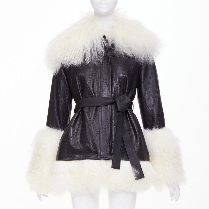SKIIM PARIS Fran Mongolian diamond embossed lambskin black leather coat FR36 S