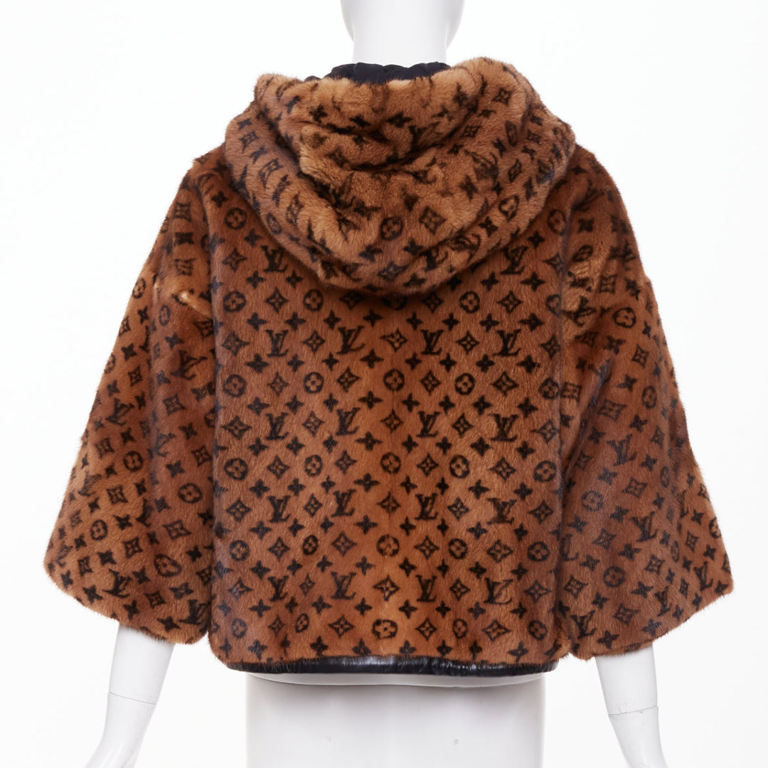 LOUIS VUITTON 2022 Monogram Mink Fur drawstring zip up hooded jacket FR34 XS