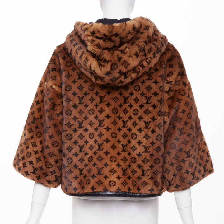 LOUIS VUITTON 2022 Monogram Mink Fur drawstring zip up hooded jacket FR34 XS