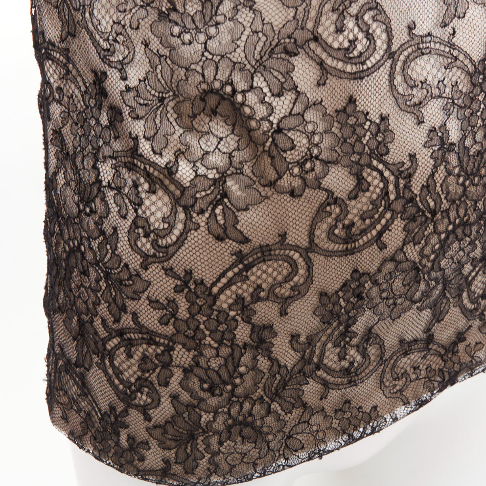 J MENDEL Chantilly Lace Blouse nude silk lined bow embellished top US2 S