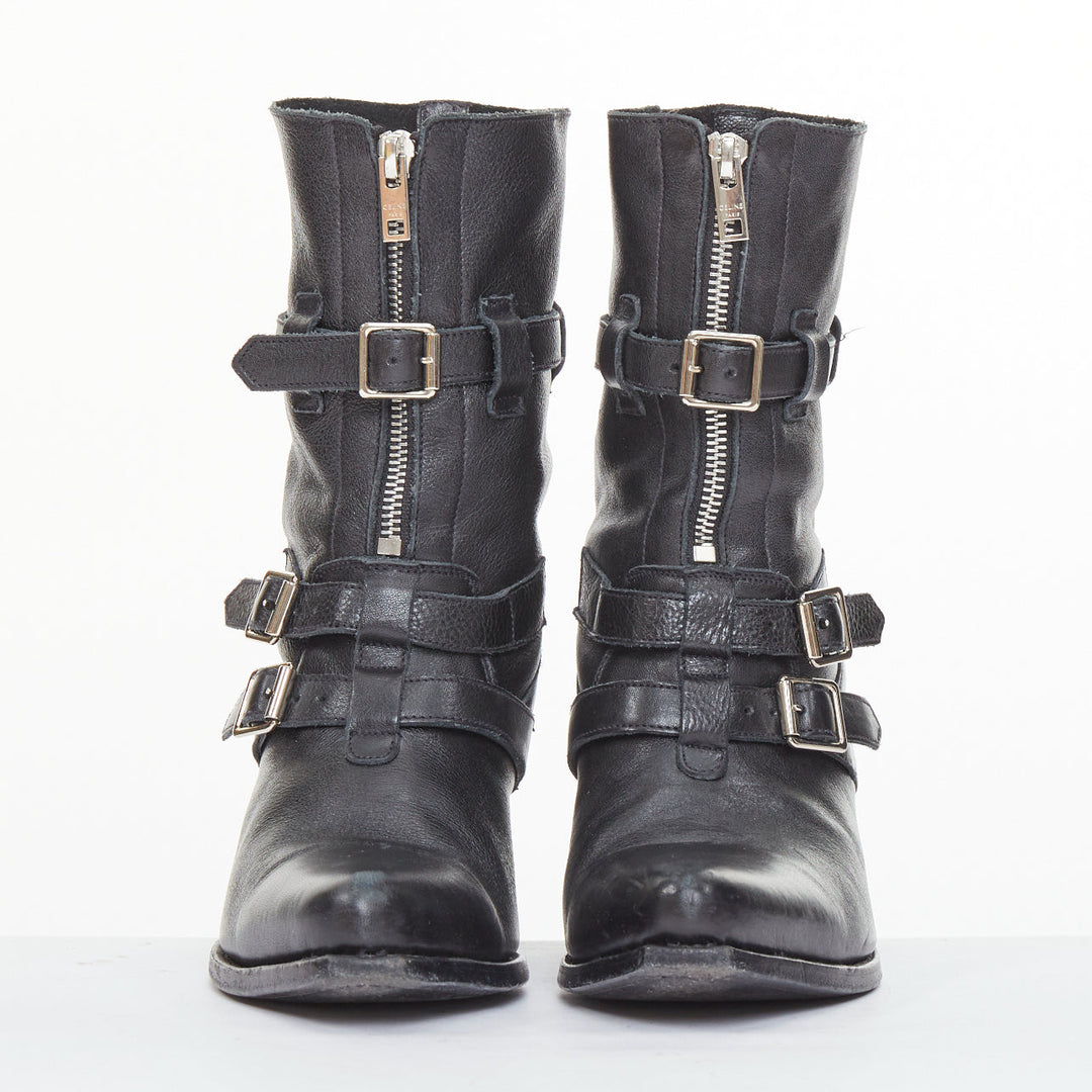 CELINE Phoebe Philo Berlin black leather triple buckle front zip biker boot EU36