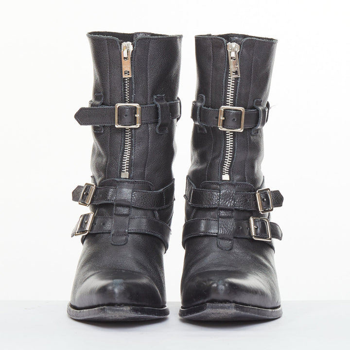 CELINE Phoebe Philo Berlin black leather triple buckle front zip biker boot EU36