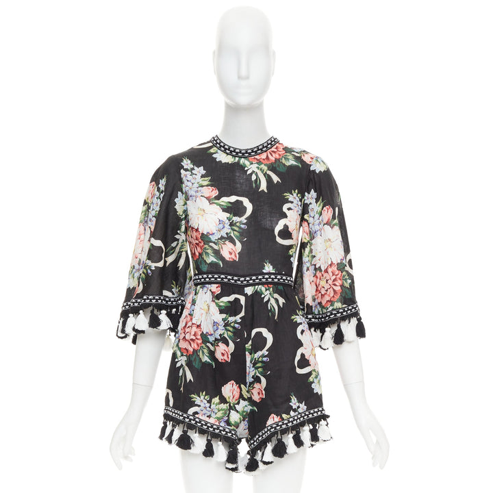 ALICE MCCALL Magic Moment black 100% linen floral fringed trim playsuit UK6 XS