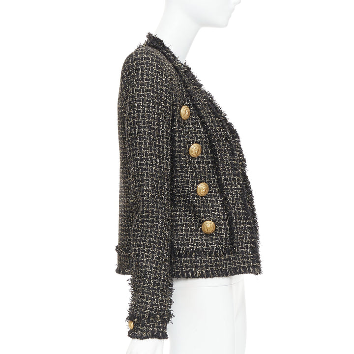 BALMAIN black gold tweed gold lion head buttons power jacket FR34 XS