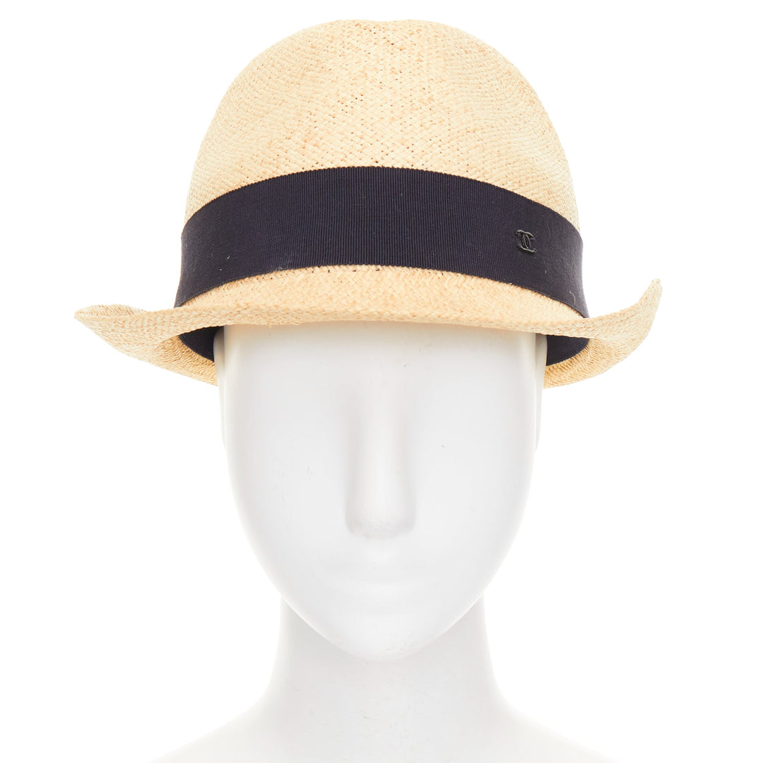 CHANEL beige straw raffia grosgrain ribbon CC logo trilby hat L