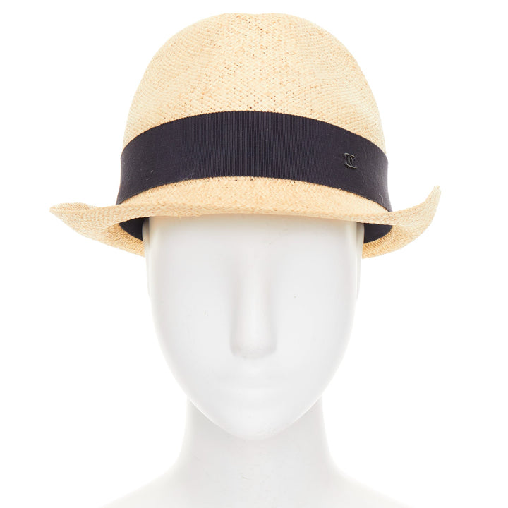 CHANEL beige straw raffia grosgrain ribbon CC logo trilby hat L